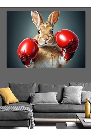 Kırmızı Boks Eldivenli Tavşan İllüstrasyonu Dekoratif Kanvas - Mdf Ahşap Tablo