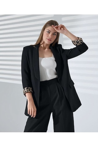 Kadın Normal Kalıp İçi Leopar Desem Hürrem Blazer Ceket Siyah
