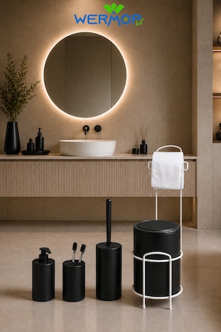 Lüks Siyah 6'lı Banyo Seti Metal Standlı Tuvalet Kağıtlığı Ve Şık Tasarım