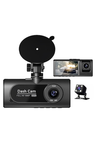 Cr50 3 Kameralı Araç İçi Kamera Seti 2.0 İnç Ips Ekran, Full Hd 1080p Ön / Kabin / Arka Kamera, Park Modu, G-sensör & Gece Görüş Destekli Dash Cam