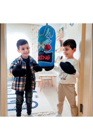 Çocuk Boks Torbası Eldiven Hediyeli Çocuklar İçin Eğlenceli Evde Boks Mavi