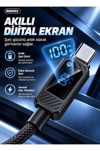 Remax Suxien Rc-c069 100w Pd Dijital Ekranlı Type-c To Type-c Hızlı Şarj Ve Data Kablosu 1.2 Metre Siyah