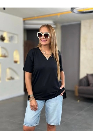 Defymoda Kadın Kısa Kollu V Yaka Bluz Siyah