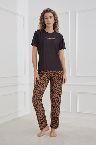 Kompedan Kadın Leopar Desenli Bisiklet Yaka Pijama Takım Siyah 30102-1287 Siyah