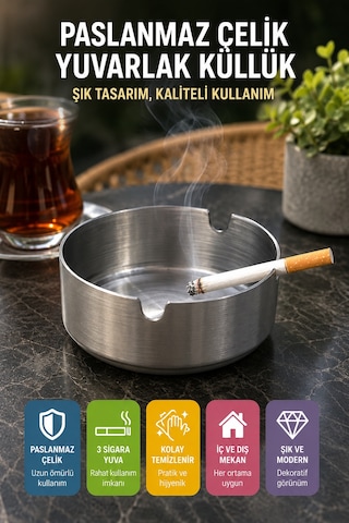 Paslanmaz Çelik Metal Küllük 8 Cm Yuvarlak Masaüstü Küllük Mat Gümüş Dekoratif Modeli