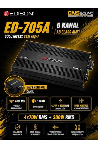 Edison Ed-705a 5 Kanal Oto Amfi 4x70w + 300w Rms Bass Kontrol Dahil