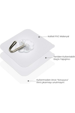 10 Adet Kendinden Yapışkanlı Şeffaf Askı Banyo Mutfak Dolap Askısı 6x6 Cm Gri
