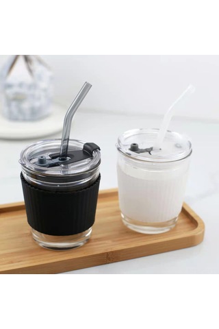 Kosona Beyaz Cam Kahve Bardak, Kapak Ve Pipetli, Isıya Dayanıklı, Pratik Kullanım Beyaz