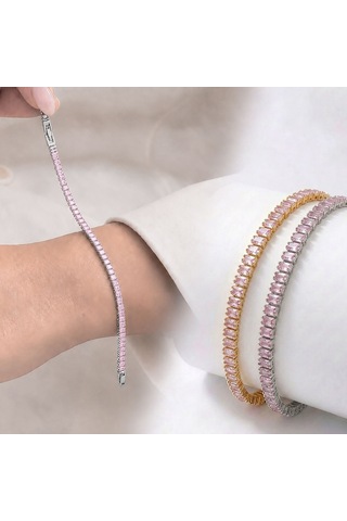 Premium Parlak 4mm Pembe Zirkon Taş Su Yolu Kadın Bijuteri Bileklik 3183kbv4d6 18cm Gümüş Renk Gümüş - Siyah
