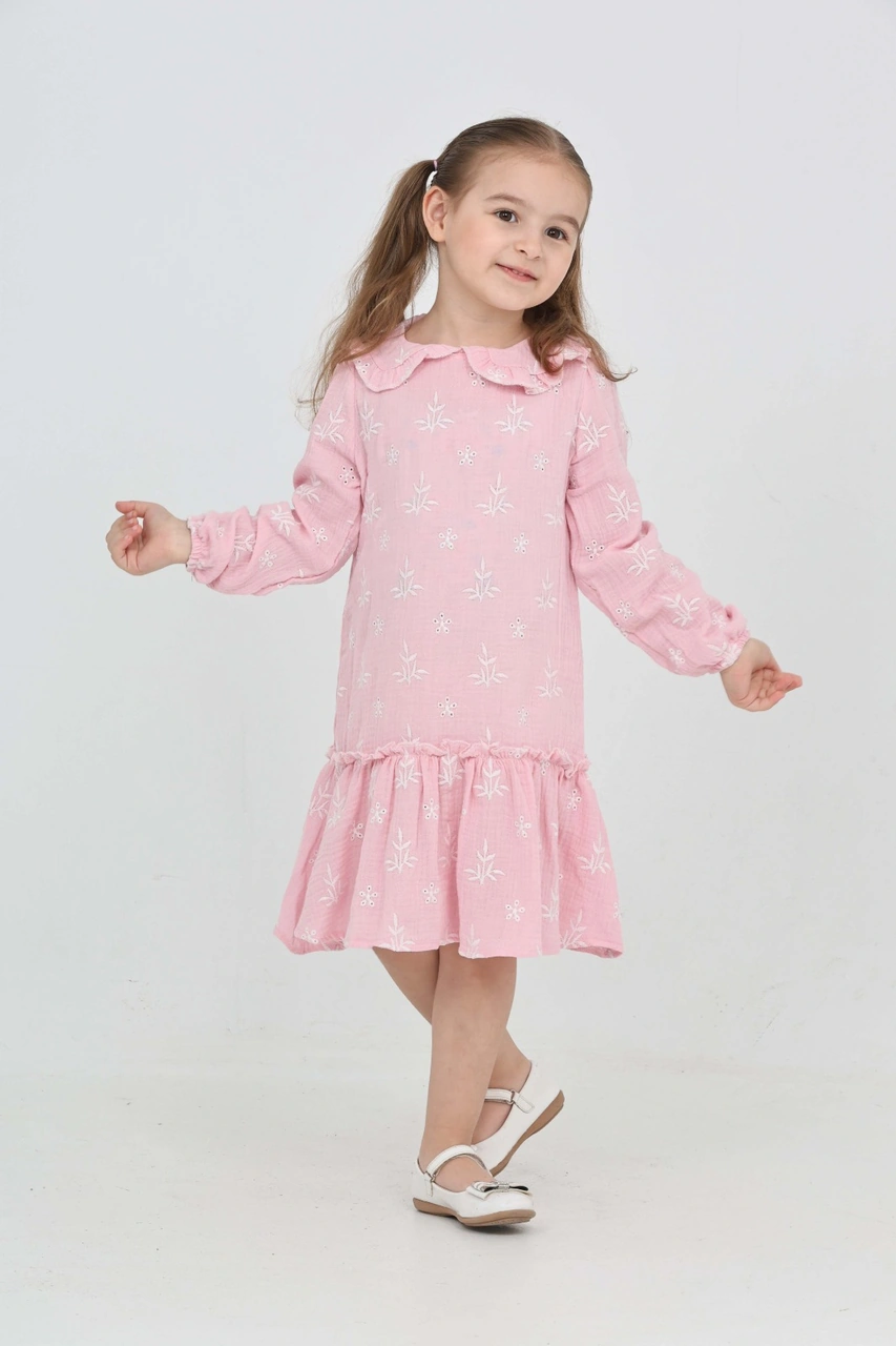 Toontoy Kız Çocuk Çiçek Nakışlı Bebe Yaka Elbise Açık Pembe