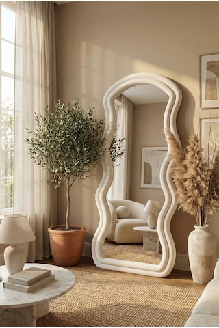 Ayaklı Kumaşlı Boy Aynası - Modern Dalgalı Tasarım Büyük Boy Ayna 182x87 Cm Bej
