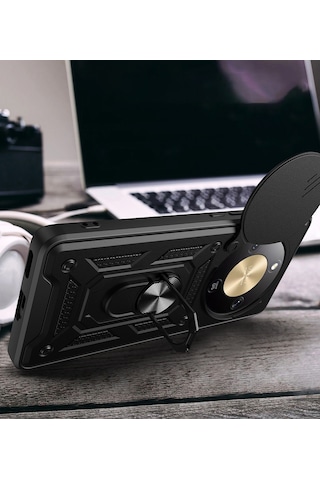 Maks Technology Honor Magic 8 Lite 5g Kılıf Magnetik Standlı Kamera Korumalı Mkst Sürgülü Vega Kapak - Siyah