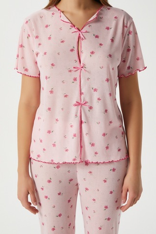 Ritnice Kadın Juliet Kurdeleli Yumuşak Doku Pembe Çiçekli Pijama Takımı