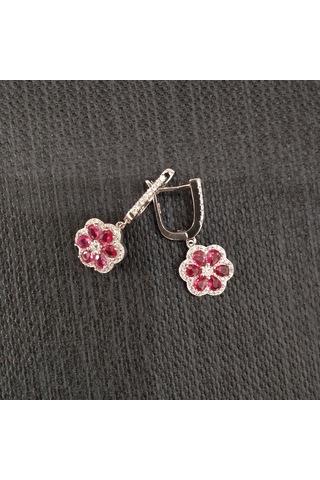 925 Ayar Çiçek Tasarımlı Kadın Gümüş Küpe -sade Ve Şık- Kırmızı Model Gümüş