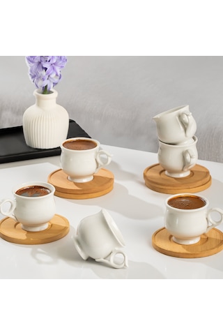 Perotti 16007 Muna Bambu Tabaklı 12 Parça Porselen Kahve Fincanı