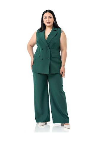 Büyük Beden Kaplama Düğmeli Yelek Pantolon Zümrüt Yeşili İkili Takım Zümrüt