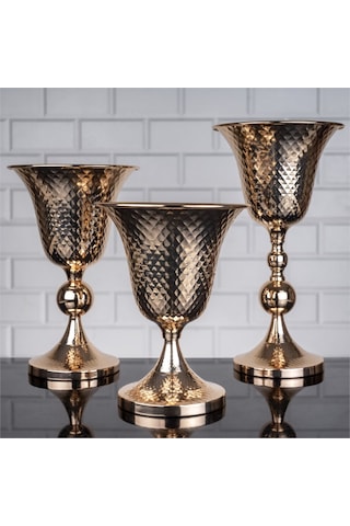 Lüks Vazo Seti 3 Lü Dövme Vazo Altın Rengi 38-32-25 Cm
