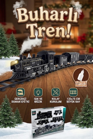 Oyuncak Pilli Raylı Tren Seti - Gerçekçi Buhar, Işık Ve Ses Efektli - 15 Parça Büyük Boy 135x75 Cm
