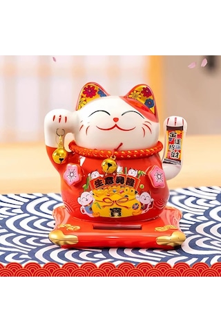 Seramik Maneki Neko Kırmızı Güneş Enerjili Şans Kedisi 12cm No.1