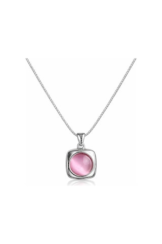 Pembe Kedi Gözü Taşlı Kare Form Gümüş Renk Kolye Çok Renkli