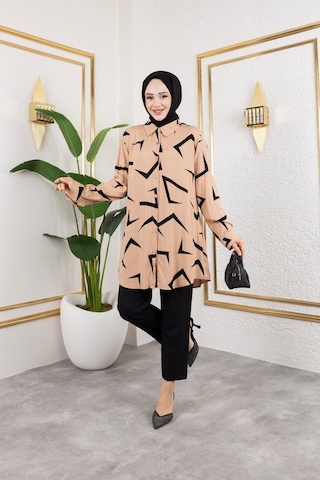 Hira Life Fashion Kadın Tesettür Giyim Ve Spor Giyime Uygun Düğme Detaylı Şık Desenli Dokuma Viskon Gömlek-tunik Vizon VİZON