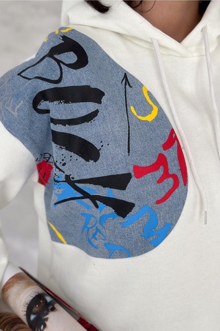 Femelle Kadın Beyaz Kot Detaylı İçi Pamuklu Kapüşonlu Sweatshirt