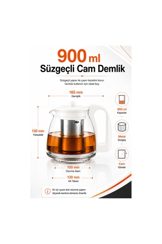 900 Ml Süzgeçli Cam Demlik Paslanmaz Çelik Filtreli, Beyaz Kapak Ve Kulplu Çay Demleme Demliği