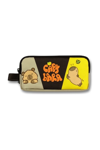 Capybara İki Bölmeli Capybara Baskılı Kahverengi - Bej Erkek Çocuk Kalem Çantası - 6235 Siyah - Kahverengi