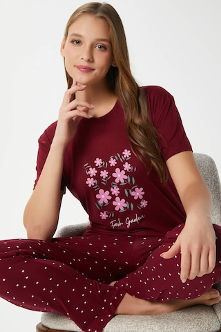 Ritnice Kadın Garden Yumuşak Doku Bordo Çiçek Desen Bisiklet Yaka Kısa Kollu Alt Üst Pijama Takımı