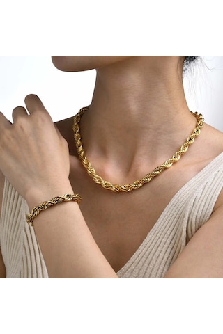 Çelik Takı Seti Bileklik Kolye İnce Burgu Zincir Model 3 Mm Kalınlık 17-55 Cm Uzunluk Altın Sarısı Gold