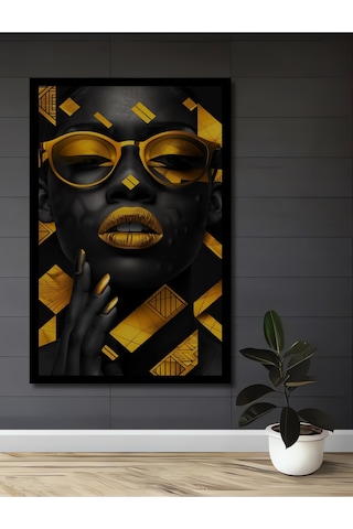 Altın Gözlü Siyah Kadın Yağlı Boya Görünümlü Modern Sanat Ahşap Dekoratif Tablo