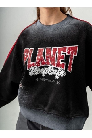 Kız Çocuk Planet Keep Safe Baskılı Oversize Tasarım Sweatshirt-16159 Siyah