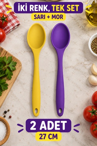 2'li Set Sarı Mor Büyük Boy Silikon Kaşık 27 Cm Mutfak Yemek Pişirme Ve Servis Kaşığı İki Renkli Set