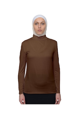 Manolyaşal İslamic Hijab Hafif Uzun Kollu Balıkçı Yakalı Organik Kadın Body Açık Çikolata