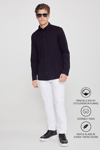 AC&Co / Altınyıldız Classics Erkek Sıyah Pamuklu Tailored Slim Fit Dar Kesim Düğmeli Yaka Örme Gömlek Siyah