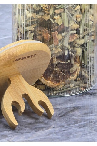 Boynuz Desenli Cam Kavanoz - Bambu Kapaklı Borosilikat Cam Kavanoz - 33 Cm - Yuvarlak
