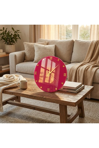 Dekoratif Epoksi Duvar Saati 40 Cm, Fuşya Pembe Modern Tasarım, Altın Detaylı, Sessiz Mekanizma, Yeni Ev Hediyesi Pembe