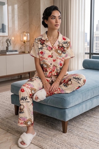 Northcity Ekru Ayıcık Desenli Kısa Kollu Gömlek Yaka Milan Kumaş Kadın Pijama Takımı