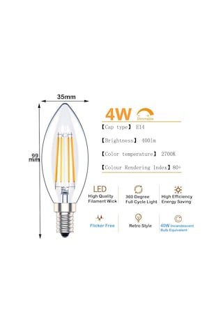 E14 Kısılabilir Led Mum Ampulü, Ses Filament Küçük Edison Vidalı Ampul, 4w - 40w Eşdeğeri, Sıcak Beyaz 2700k, 400lm, 6'lı Paket