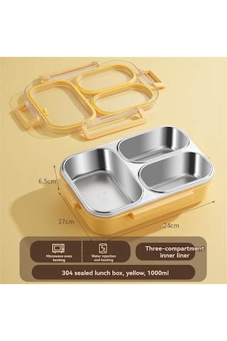Xurunkeji Paslanmaz Çelik Öğle Yemeği Kutusu 3 Bölmeli Metal Öğle Yemeği Kabı Çelik Bento Kutusu - Okul, Ofis Ve Açık Hava İçin İdeal Sarı