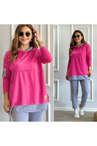 DefyModa Kadın Pembe Kapşonlu Etek Ucu Detay Arma Ters Dikiş Gorunumlu Ikili Takım