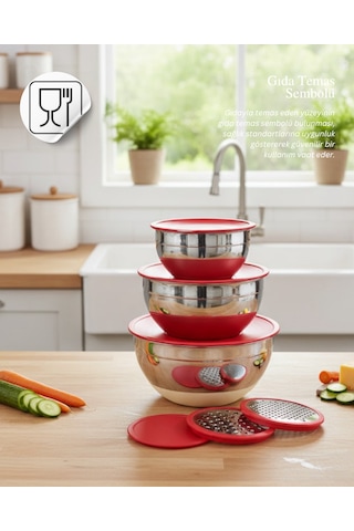 Luna 9 Parça Saklama Ve Karıştırma Kabı Rendeli Kırmızı Kapaklı Metalik