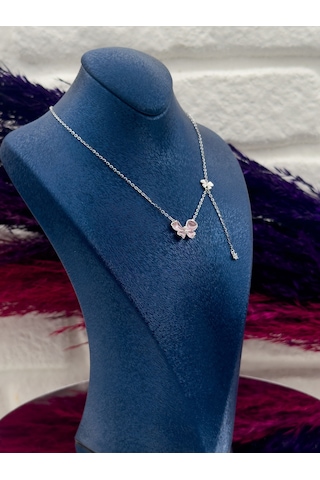 925 Ayar Gümüş Pembe Mineli Özel Tasarım Zarif Kadın Kolye Gümüş