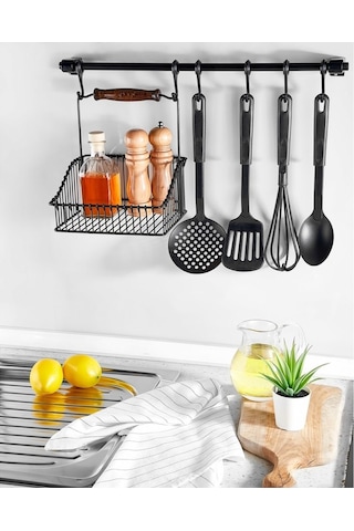 Ferforje Metal Sepet Askı Ve Kanca Set Siyah Retro