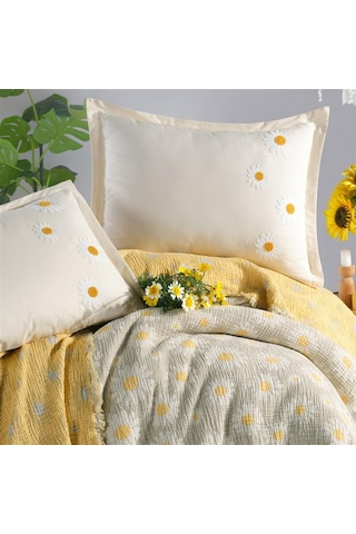 Clasy %100 Pamuk Çift Kişilik Müslin Pike Takımı Floriva Daisora V1 Sarı Yeşil
