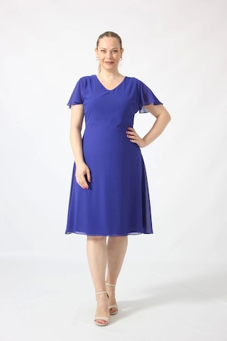Moda Berray 3297 Saks Kolu Fırfırlı Bele Oturan Astarlı Şifon Elbise Saks Saks Mavi