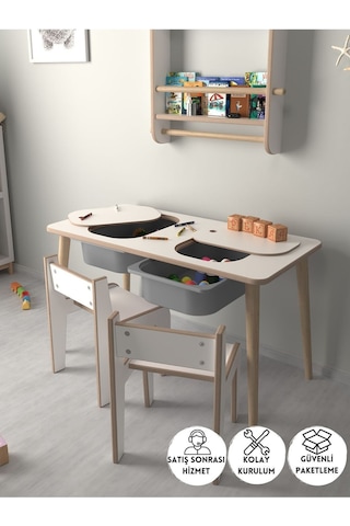 Çocuk Oyun Ve Aktivite Masası - 2 Sandalye - Gri Sepetli Beyaz-gri Beyaz - Gri