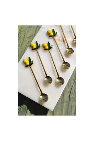 6 Adet Limonlu Gold Çay Kaşığı Sunum Limon Dekorlu Çay Kaşık