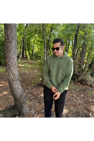 Erkek 3 İplik Basic Oversize Kanguru Cepli Kapüşonlu Sweatshirt Açık Haki