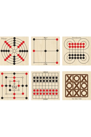 Ahşap Oyun Seti 6lı. Dama+3 Taş+9 Taş+bihar+surakarta+tic-tac-toe